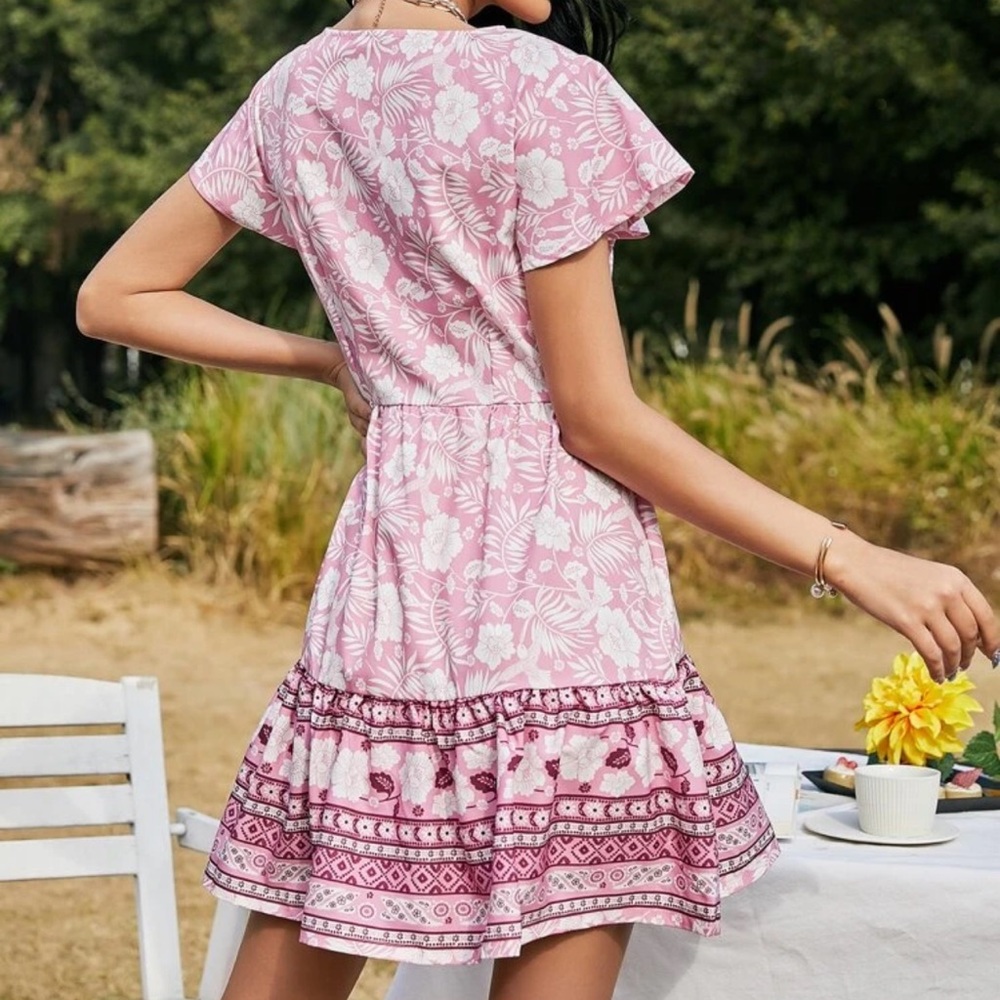Button up boho gypsy floral print mini dress pink - Picture 12 of 12